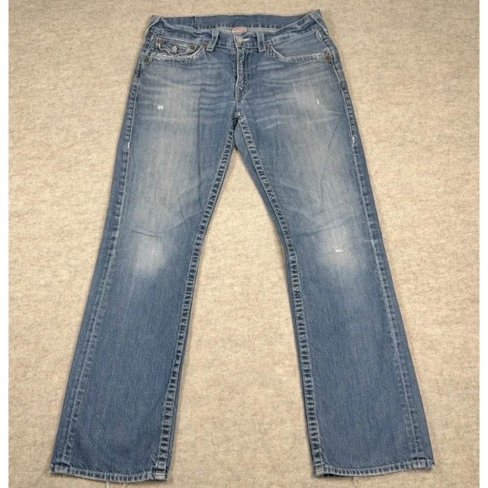 True Religion Straight Leg Jeans Flaps Blue‎ Distressed Mens 33x31 Denim *Read*